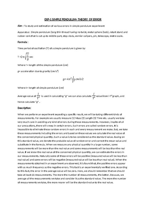 Error Estimation in Simple Pendulum Experiment - Lab Material - Studocu