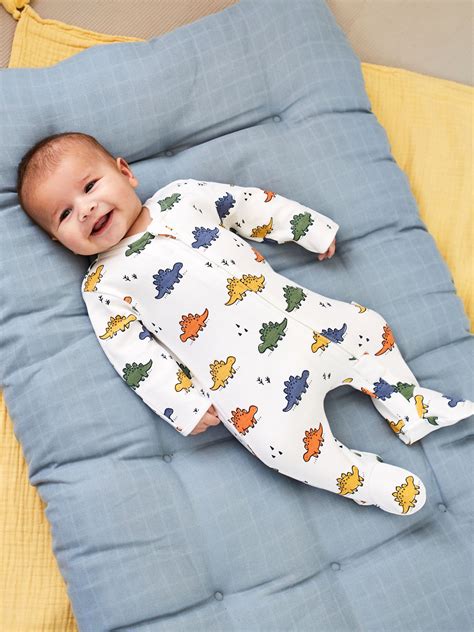 White Multi Dinosaur Print Zip Cotton Baby Sleepsuit | JoJo Maman Bébé