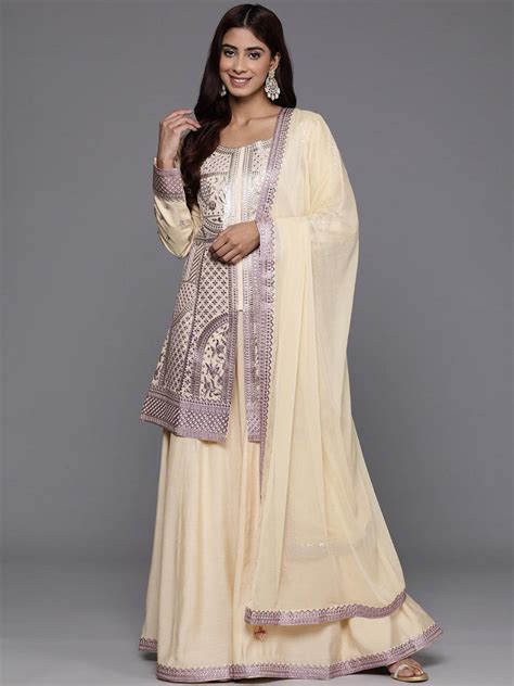 Buy Libas Art Beige Embroidered Silk Blend Straight Suit With Dupatta ...