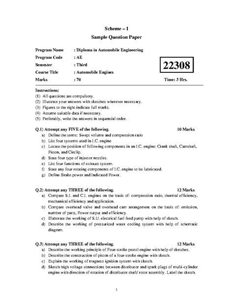 22308 Sample question paper Automobile Engines - Scheme – I Sample ...