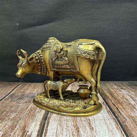 Brass Cow With Calf Idol Lakshmi Ganesha Engraved For Home Decor Showp ...