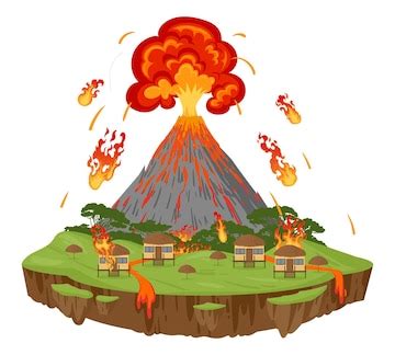 Cartoon volcano eruption natural disaster environment damage lava flows ...