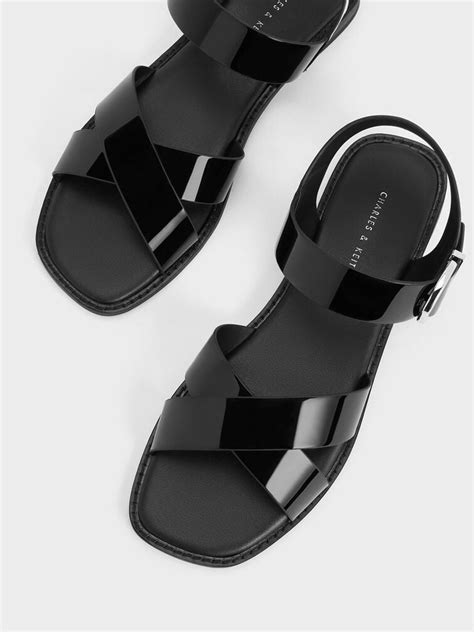 Black Patent Crossover Strap Sandals - Black Patent - Shoes - CHARLES ...