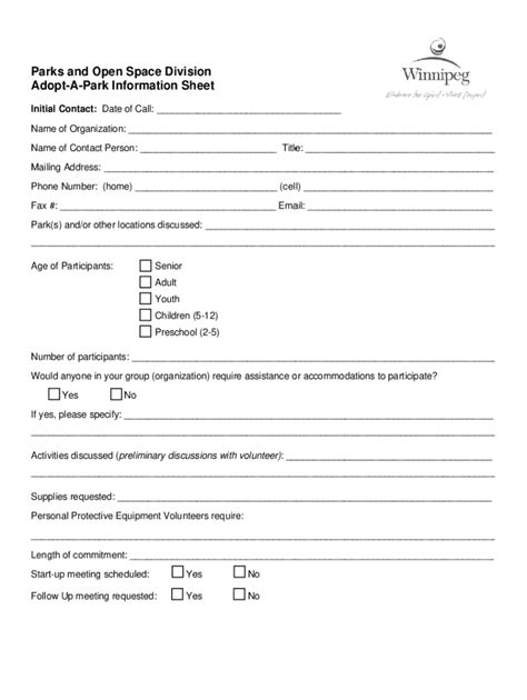 Fillable Online Adopt A Park Information Sheet. Adopt A Park ...