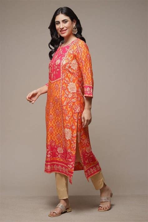 Orange Rayon Straight Printed Kurta