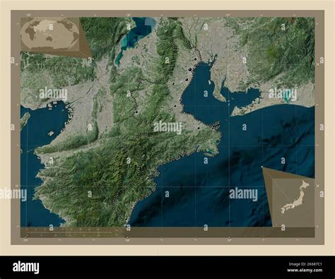 Mie, prefecture of Japan. High resolution satellite map. Locations of major cities of the region ...