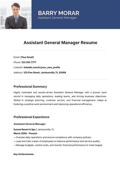 Free Assistant General Manager Resume Template to Edit Online