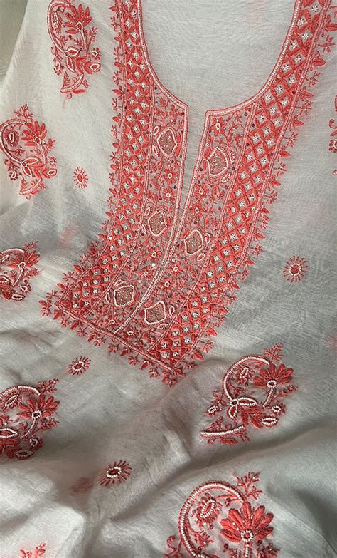 Women's Lakhnavi Handcrafted Mul Chanderi Unstitched Kurta And Dupatta