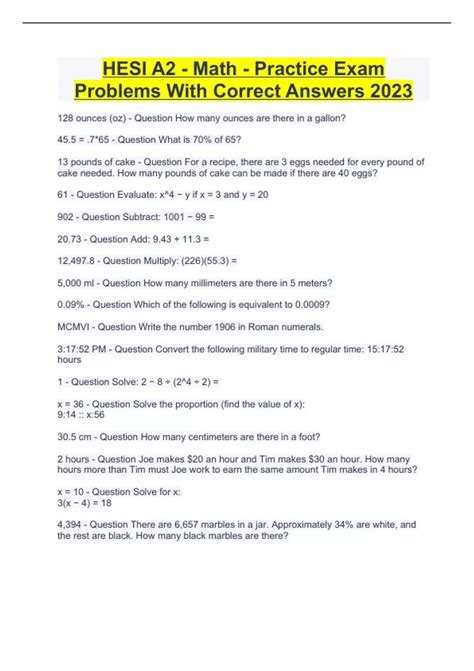 HESI A2 - Math - Practice Exam Problems With Correct Answers 2023 ...