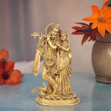 Handmade Brass Idol of Radha Krishna with Peacock (Height: 10 inches ...