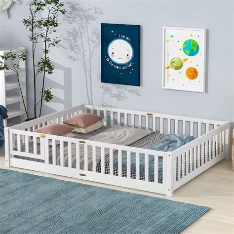 Queen Size Floor Bed Frame with Fence and Door, Solid Wood Floor ...