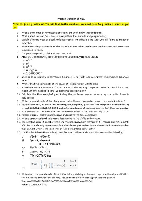 Practice Question of ADA - Practice Question of ADA Note: It's just a ...