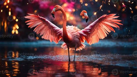 Two flamingos gracefully display their wings in a vibrant, colorful ...
