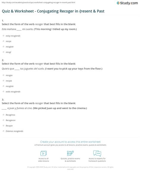 Quiz & Worksheet - Conjugating Recoger in {resent & Past | Study.com