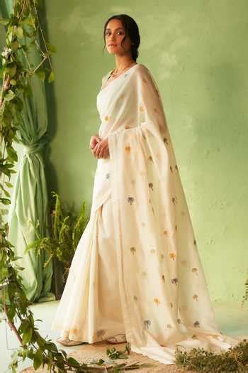 Buy White Chanderi, Voile Embroidery Scoop Neck Saree And Blouse Set ...