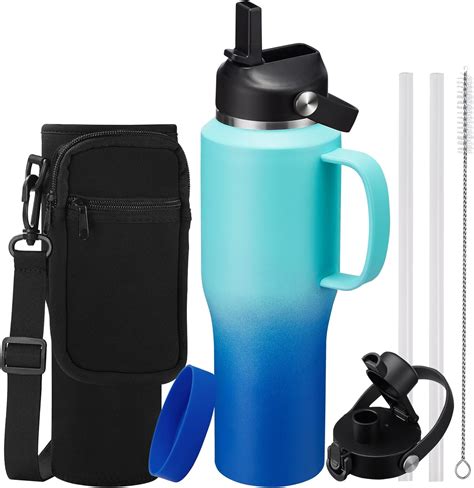 Amazon.com: 32oz Insulated Water Bottle - with Straw & Spout Lid, Strap Carrier Bag, Cold-48H ...