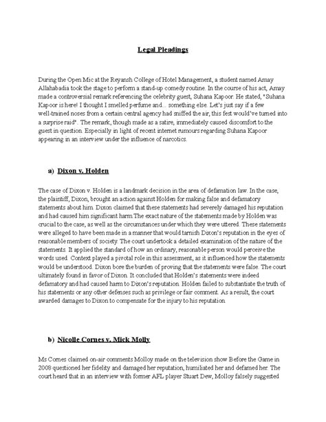 Moot Court Case Study: Legal Pleadings & Defamation Law IMR - Studocu