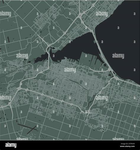 Map of Hamilton in Canada in a smooth dark style. Contains layered vector with roads water ...