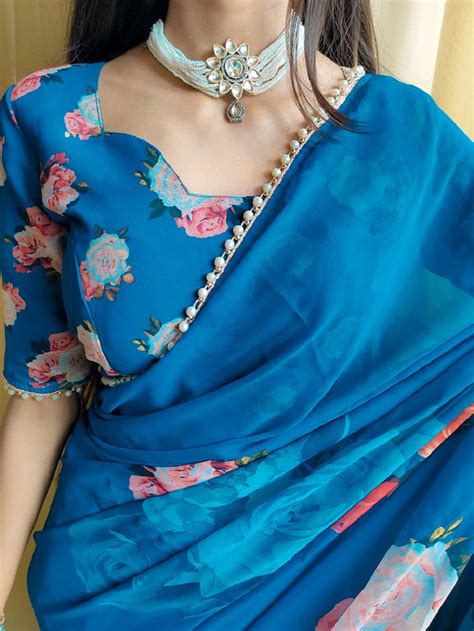 Firozi Color Printed With Peral Lace Border Georgette Stylist Saree ...