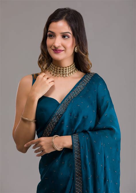 Buy Peacock Blue Swarovski Semi Crepe Saree - Koskii