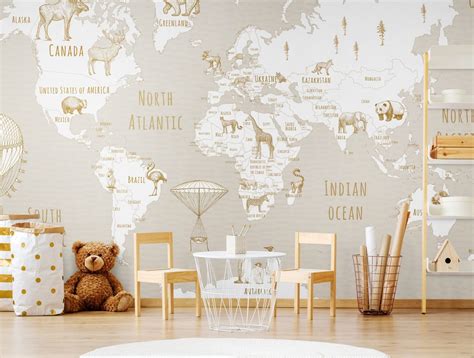 Buy Animal World Map Kids Wallpaper Peel Stick Neutral, Unpasted ...