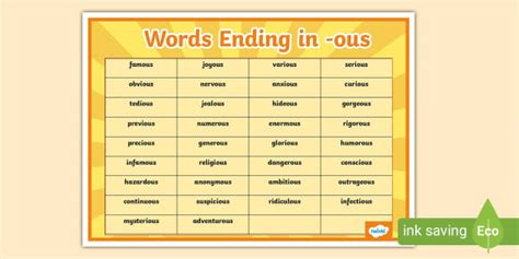 Words Ending in -ous Word Mat