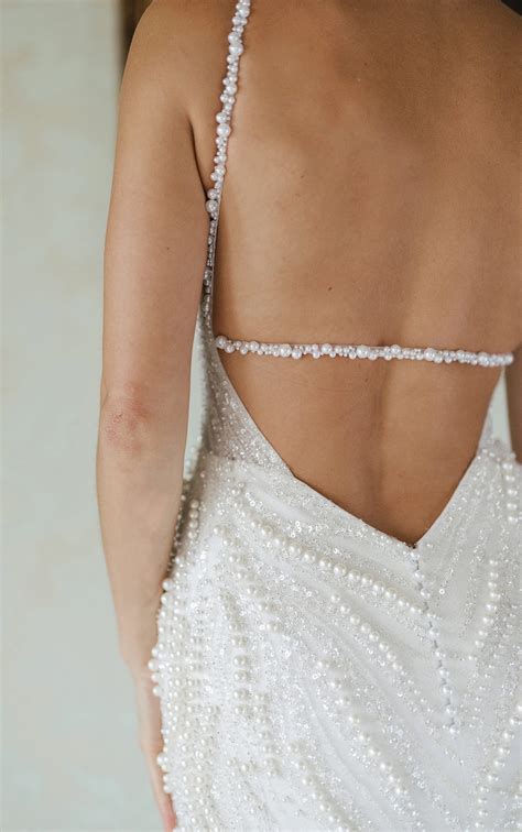 Pearl-Embellished Fit-and-Flare Wedding Dress with Delicate Spaghetti Straps