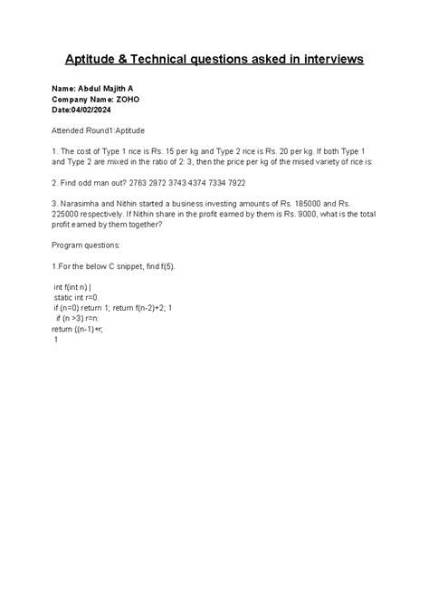 Interview Questions - Aptitude & Programming Round 1 for ZOHO - Studocu