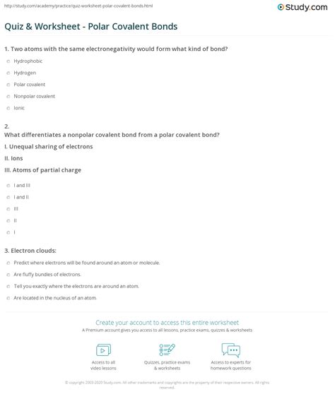 Quiz & Worksheet - Polar Covalent Bonds | Study.com