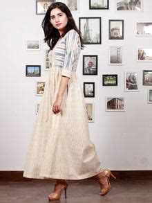 Off White Mustard Blue Grey Handwoven Ikat Princess Cut Dress With Emb ...