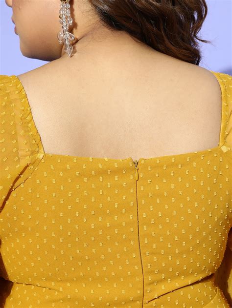 Women Plus Size Solid Mustard Yellow Dobby Weave Square Neck Thigh-High ...