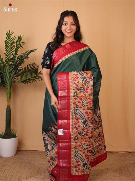 Green & Red - Printed Semi Tussar Saree