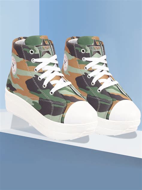 Shop Women Olive Green High Ankle Top Wedge Heels Camouflage Print ...