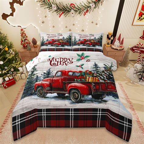Amazon.com: Merry Christmas Comforter Set Queen Size,Vintage Xmas Truck ...
