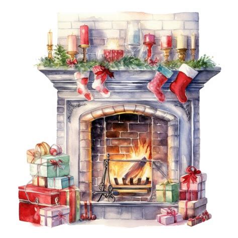 There is a watercolor painting of a fireplace with presents generative ...