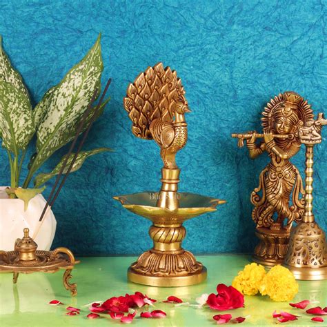 Buy Handcrafted Brass peacock Diya - 11 inch - Budhshiv.com