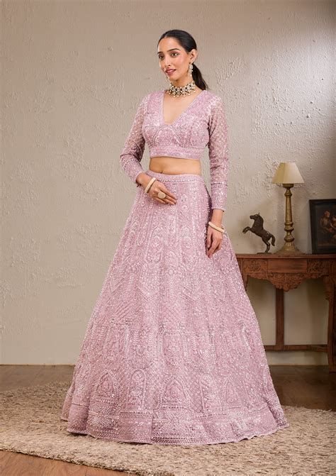 Buy Pink Pearlwork Net Readymade Lehenga - Koskii