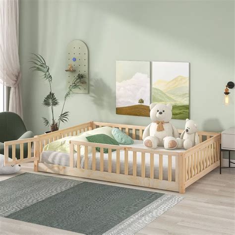 Wooden Full Size Floor Bed for Kids with Guardrails, Montessori ...