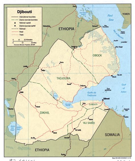 Large detailed political and administrative map of Djibouti with roads, railroads and major ...