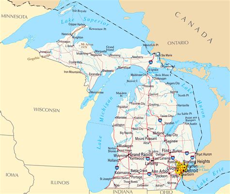 Large map of Michigan state with roads, highways, relief and major ...