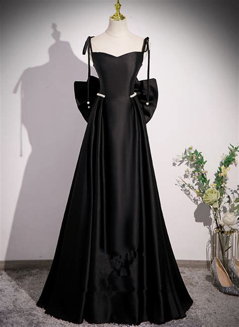 Black Satin A-line Floor Length Prom Dress, Black Satin Long Evening D ...