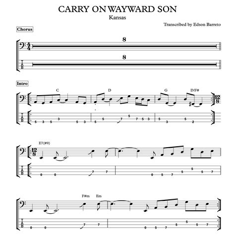 CARRY ON WAYWARD SON (Kansas) Bass Transcription, Score & Tab L...