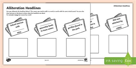 Alliteration Headline Activity Sheet - KS1 - Writing