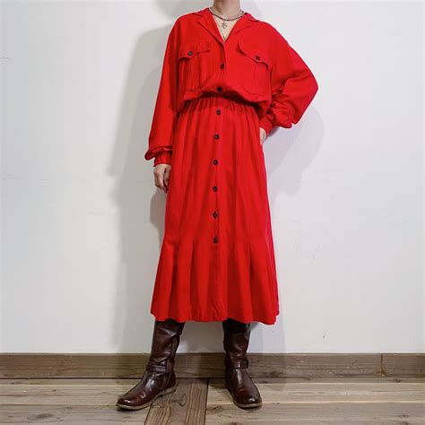 80s silk red long sleeves shirt dress | LEMON