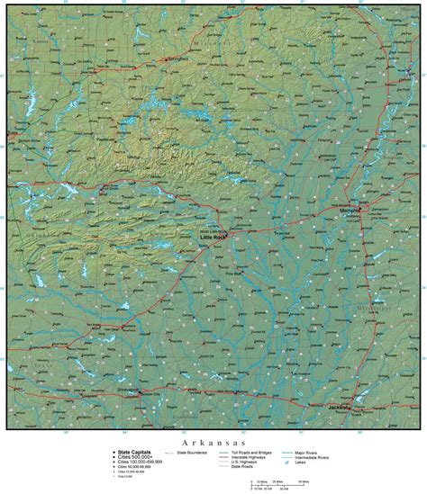 Arkansas State Map Plus Terrain with Cities & Roads