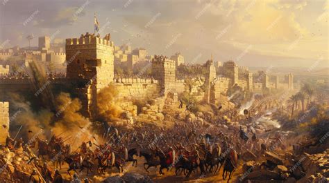 The battle of Jericho with Joshua leading the Israelites and the city ...