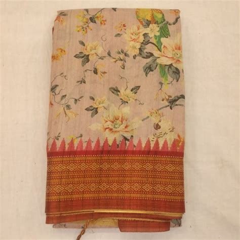 Peach Red Jute Maheshwari Printed Silk Cotton Saree - Prasiddhi Silks