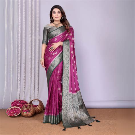 Wine Grey Zari Weaving Satin Silk Saree – Kalyanja