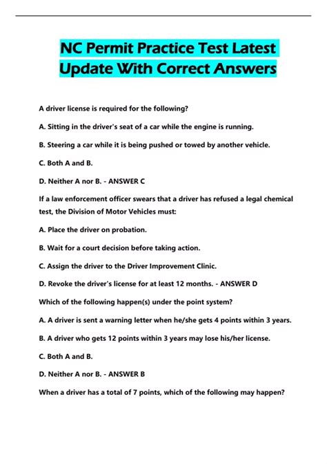NC Permit Practice Test Latest Update With Correct Answers - NC Permit ...