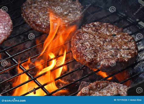 Meat Burgers for Hamburger Grilled on Flame Grill Stock Photo - Image ...